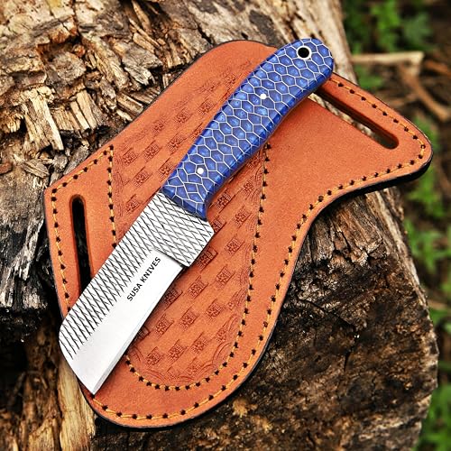 Custom Handmade 7'' fixed blade hoof rasp knife/Cow boy knife/Bull cutter Cowboy knives with pancake leather sheath (BLUE CONE) - color: BLUE CONE