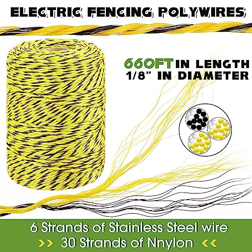 Sweetude 660 Feet Electric Fence Polywire and 100 Pcs Electric Fence Insulator with 1 Pcs Insulator Socket Tool Resistant Glove Electric Fence 6 Stainless Steel Strands for Fence Landowner Farmer
