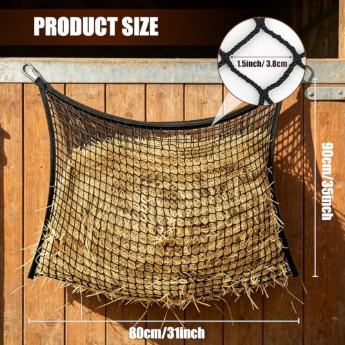 4Pcs Slow Feed Hay Net for Horses, Durable Hanging Hay Bag with Clips for Horses Goats Donkeys Sheep, Easy Loading, Large Capacity, Fits Stall & Trailer, 35" x 31", Black