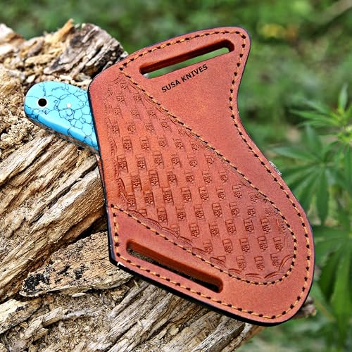 Custom Handmade 7'' fixed blade hoof rasp knife Cow boy knife Bull cutter Cowboy knives with Turquoise Handle pancake leather sheath (Turquoise BLUE) - color: Turquoise BLUE