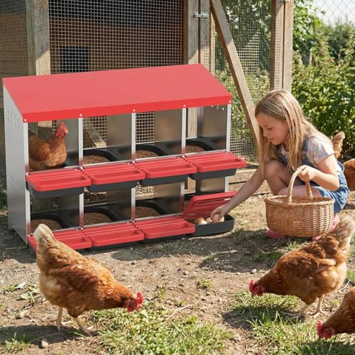 8-Compartment Chicken Nesting Box, Heavy Duty Galvanized Steel Poultry Nest Box, Wall Mount/Freestanding Design for Hens, Ducks, Backyard Homesteads & Farm Use, Red, with Soft Mats, No Stand - color: Red, size: 8 Room&Mat Board