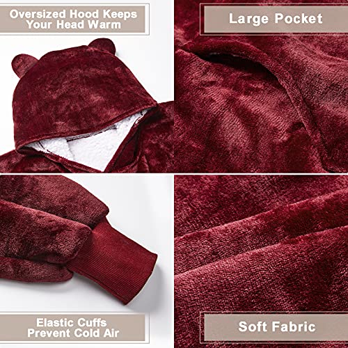 THREE POODLE Wearable Blanket Hoodie for Women, Oversized Sherpa Sweatshirt Blanket for Adults Men, Cozy Burgundy Hooded Blankets, Gifts for Teen Girls Women Mom Sister - color: Burgundy, size: Adult