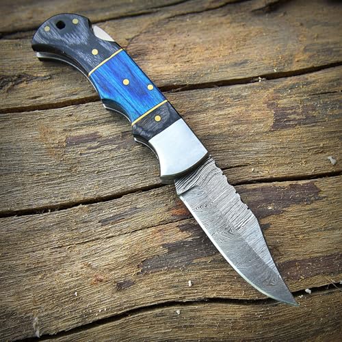 Poshland Steelware Custom Damascus Steel Folding Pocket Knife – Handmade, Compact for Outdoor, Camping, Hiking and Hunting (Blue Pakka Wood) - color: Blue Pakka Wood