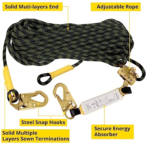 TRSMIMA Rope Harness Safety Lanyard：50ft Roofing Rope Fall Protection | Vertical Safety Harness Rope With Grab Snap Hooks Shock Absorber - Tree Climbing Line Kit Heavy Duty Safety Equipment ANSI CE - size: 50ft