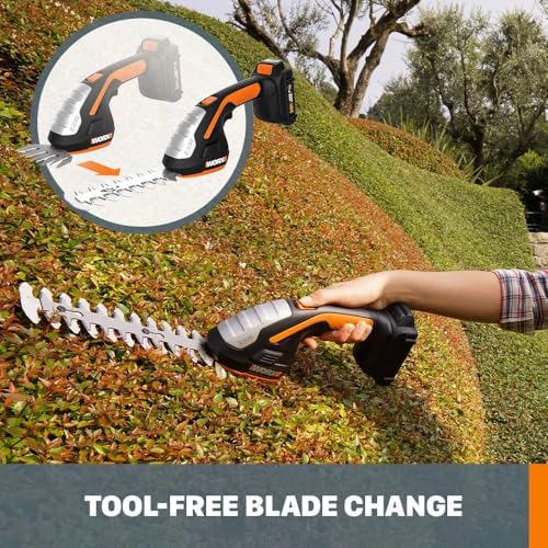 WORX Cordless Grass Shear & Shrub Trimmer, 20V 4" + 8" Bush Trimmer, WG801 | 8"& 4" blades interchangeable blades for grass and shrub trimming;2.0A battery battery & charger included; PowerShare. - style: 8" 20V Shrubber Trimmer w/(1)2.0Ah Battery