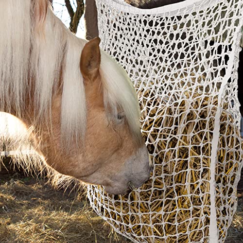 Riakrum 4 PCS Slow Feed Hay Net for Horses, 35 x 31 Inch Large Capacity Hay Bags for Horses Goats Sheep Donkey Trailer Full Day Feeding, Easy to Fill and Hang, White Stall Feeder