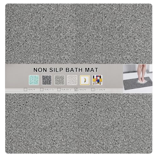 Nonslip Bathtub Mat, Anti Slip Bath Mat 0.6" Extra Thick, Quick Dry Bath Tub Anti Slip Shower Mat, Loofah Non-Slip Bath Mat for Tub Bathroom Pool Kitchen Entryway Home Hotel(Grey 24x24) - color: Grey, size: 24" x 24" (Square)