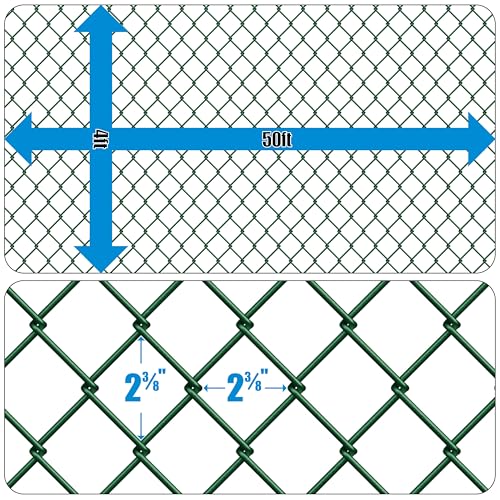 Fencer Wire 9 Gauge Green Vinyl Coated Galvanized Steel Chain Link Fence Fabric, Diamond Mesh Size 2-3/8 Inch, Galvanized Fencing Wire Roll for Garden and Animals Enclosure (4ft. x 50ft.)