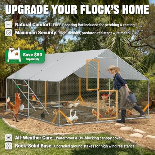 ACEPIC 10x13x6.5ft Metal Chicken Coop with Roosting Perches & Door Lock | Walk-in Poultry Cage with Waterproof & UV Resistant PE Top, Predator-Proof Hen Run for Yard, Farm, Chicken, Duck, Rabbit - size: 118.1"L x 157.5"W x 78.7"H