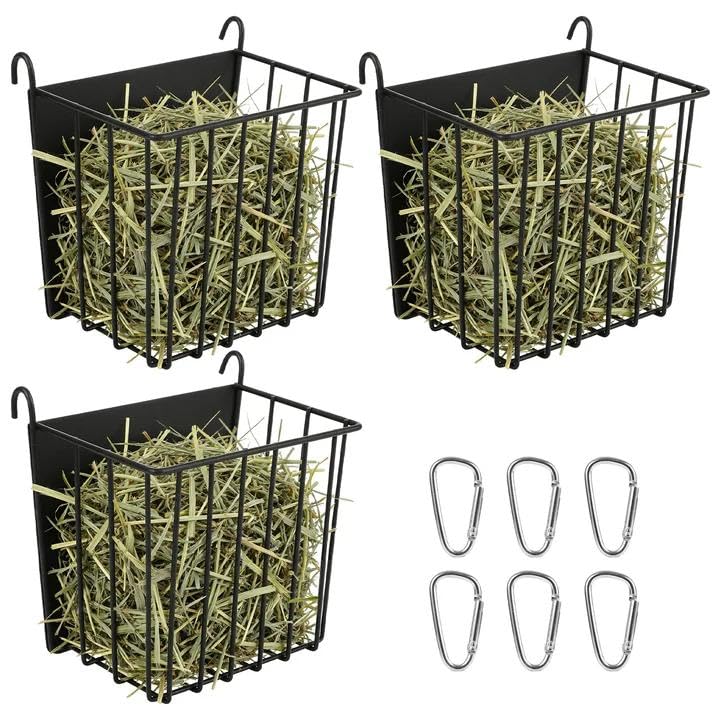 3-Pack Rabbit Hay Feeder, Metal Bunny Hay Rack with Hanging Hooks, Durable Iron Hay Feeder for Rabbit, Guinea Pig & Chinchilla Cages, Black, 6.9" x 4.7" x 6.7"