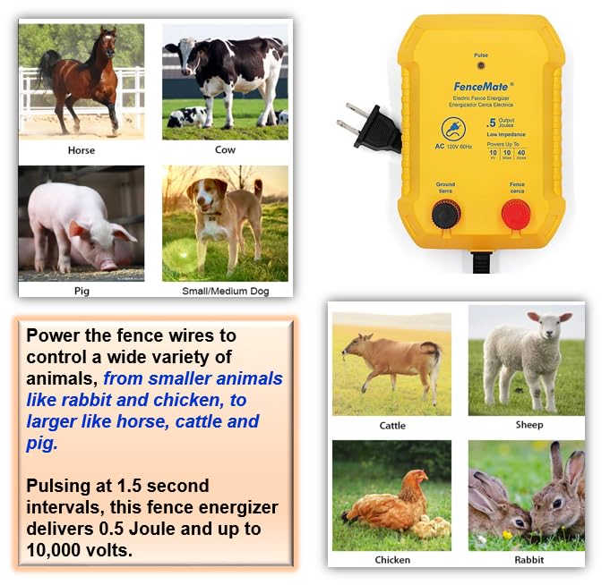 FenceMate AC Powered Electric Fence Charger Output 0.5J up to 10 Miles | to Constrain Poultry, Pet, Hobby Animal, Fencer to Protect Homestead, Garden, Pond, Orchard,Fence Energizer Peak 10 kV
