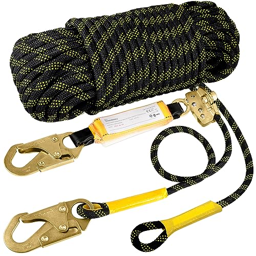 TRSMIMA Rope Harness Safety Lanyard：25ft Roofing Rope Fall Protection | Vertical Safety Harness Rope With Grab Snap Hooks Shock Absorber - Tree Climbing Line Kit Heavy Duty Safety Equipment ANSI CE - size: 25ft