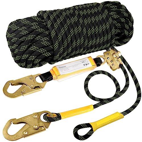 TRSMIMA Rope Harness Safety Lanyard：150ft Roofing Rope Fall Protection | Vertical Safety Harness Rope With Grab Snap Hooks Shock Absorber - Tree Climbing Line Kit Heavy Duty Safety Equipment ANSI CE - size: 150ft
