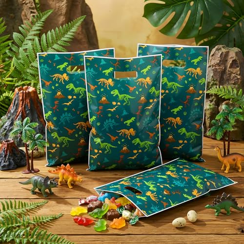 Resurhang 50 Pcs Dinosaur Party Favor Bags Bulk 6.5 x 9.8 Inch Plastic Dino Goodie Treat Gift Bags Funny Candy Cookie Totes for Dinosaur Birthday Party Decorations Supplies Wrap - style: Dinosaur