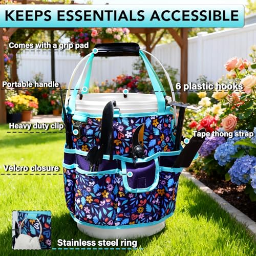 KUNN Bucket Tool Organizer 5 Gallon with Hangable Handle 18-Pocket Detachable Bucket Bag for Tools, Garden Caddy Tote with Pockets, Heavy Duty 600D Polyester Gardening Accessory,Blue - color: Navy Bloom