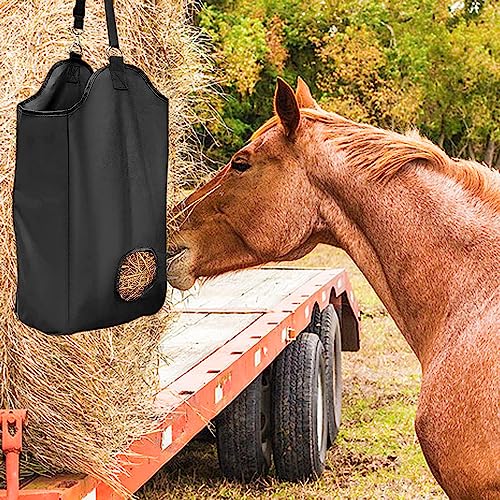 2 Pcs Hay Feeder for Goat, Nylon Goat Feeder, Slow Feed Hay Bag Less Hay Waste Tote Bag with Metal Ring and Adjustable Strap for Sheep Horses Goat and Cattle Low Feeding