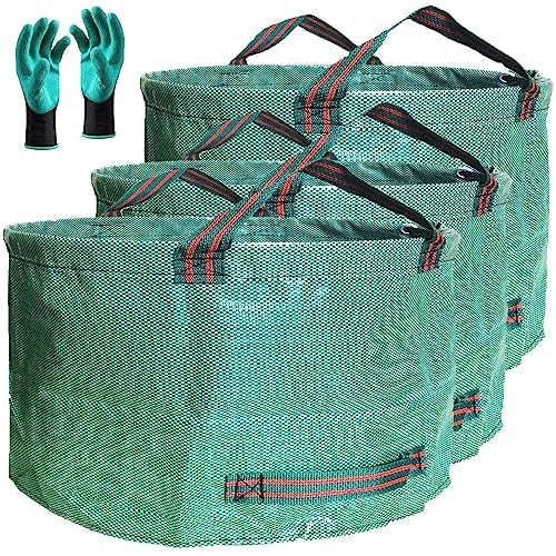 Professional 3-Pack 63 Gallon Lawn Garden Bags Large (D31,H19 inch) Yard Waste Bags W/Gardening Gloves,Standable,Reusable Leaf Bag,Lawn Debris Bin,Garden Trash Container,Plant Trimmings Bag 4 Handles - size: 1 Count (Pack of 3)