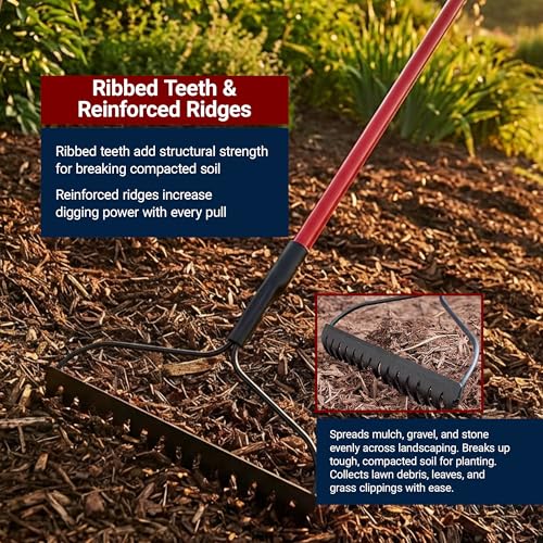Bow Rake 16" Tines, Heavy Duty Steel Garden Rake for Leaves | 58" Fiberglass Long Handle, Rake For Lawn Debris, Mulch, Soil and Gravel, 100% Made in USA