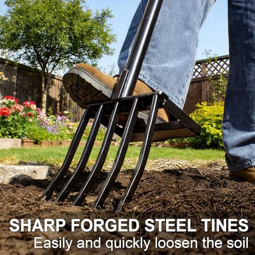 Heavy Duty Pitch Fork, 45-Inch Garden Fork with Strong Steel Tines, Long Handle Pitchfork for Gardening