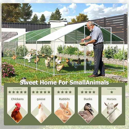 Large Metal Chicken Coop,19.7x9.8x6.4 FT Chicken Run for Yard with Waterproof & Anti-UV Cover,Walk in Chicken Pen with Feeding Door (32.8 * 9.8 * 6.4 ft) - size: 393.5"L x 118.1"W x 76.8"H