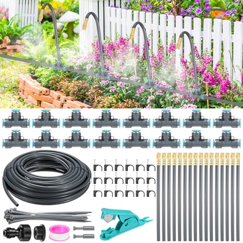 M METERXITY 1-Set Drip Irrigation System, 50Ft 5/16" Hose Garden Watering Misting System with 16pcs 360° Adjustable Copper Nozzles for Greenhouse/Yards/Lawns, Atomizing Watering Accessories - color: Gray + Gold Tone, size: 50Ft 5/16"