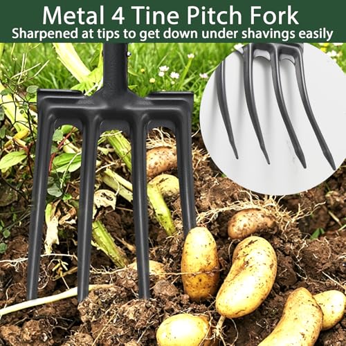 Pitch Fork, Metal Broadfork Garden Tool Long Handle, 4 Tine Mulch Hay Manure Digging Bedding Hay Potato Garden Fork Shovel for Gardening Loosening Soil Compost - size: 45"