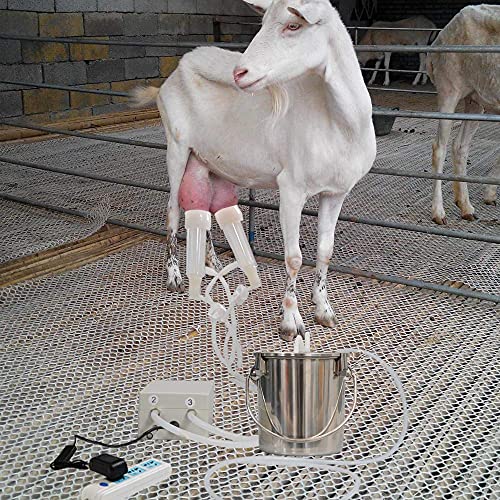 3L Goat Pulsation Vacuum Electric Milking Machine, Automatic Pulsation Breast Pump with 2 Teat Cups Stainless Steel Bucket for Goat.
