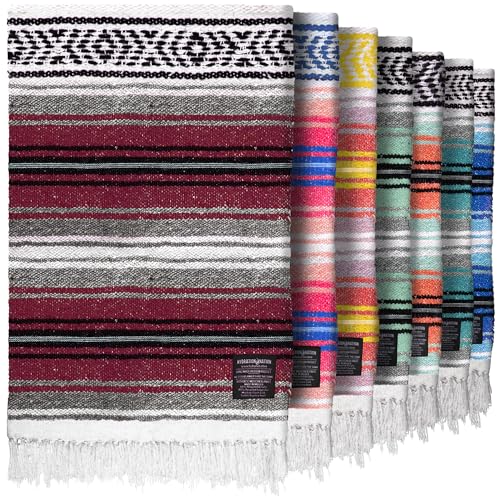 Mexican Blanket (Authentic Handmade Falsa) - Durable, Lightweight Baja Indian Blanket for Yoga, Beach, Camping, Picnic, Car/Truck, Outdoor Mexican Throw, Baja Saddle Blanket, 70"x50", Cherry - color: Cherry