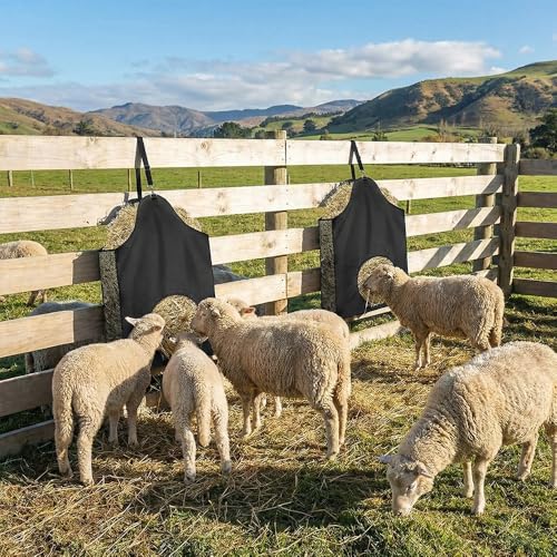 Hay Bags for Horses – 600D Oxford Hay Bag with Adjustable Strap & Metal Ring, Hanging Hay Feeder for Goats, Sheep, Donkeys, and Cows, Black (2-Pack)