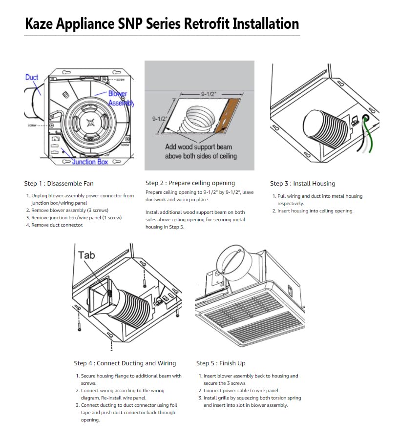 KAZE APPLIANCE SNP100 | 100 CFM | 0.8 Sone | Energy Star Certified | No Attic Access Required | Bathroom Ventilation Exhaust Extractor Fan | 100 CFM, 0.8 Sone, Energy Star Certified, No Attic Access Required - size: 100 CFM, 0.8 Sone, Standard