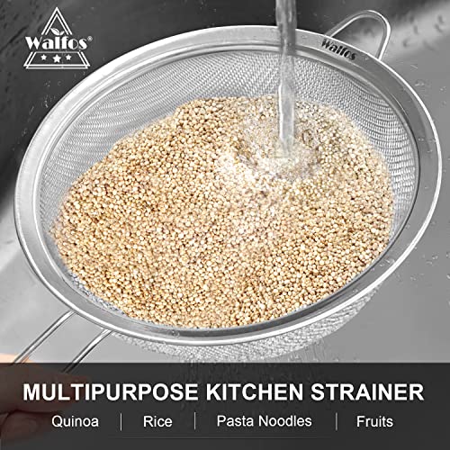 Walfos 7.8 Inch Fine Mesh Strainer, Premium Stainless Steel Colanders and Sifters, with Reinforced Frame and Sturdy Handle, Perfect for Sift, Strain, Drain and Rinse Vegetables, Pastas and Tea - style: 7.8" Large Strainer