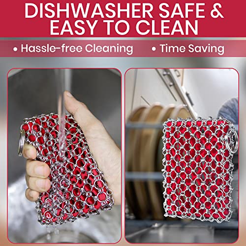 316L Cast Iron Scrubber Chainmail - Chain Mail Scrubber for Skillet, Pan | Cast Iron Cleaner Scrubber and Bamboo Cloth Set - Stainless Steel Chainmail Scrubber for Dutch Oven - Essential Accessory - style: Red CIS with Towel