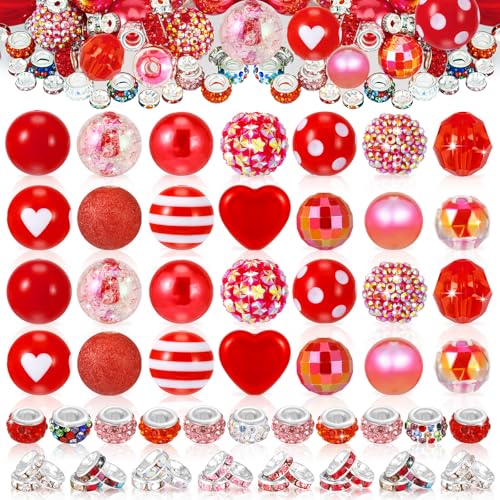 112 Pcs Red Bubblegum Beads for Pens, Spacer Beads | 28 Pcs Pen Beads 14 Styles, 84 Pcs Spacer Beads, Colorful Rhinestone Bead for Jewelry Making,Valentine's Day, Xmas Gifts - color: Red