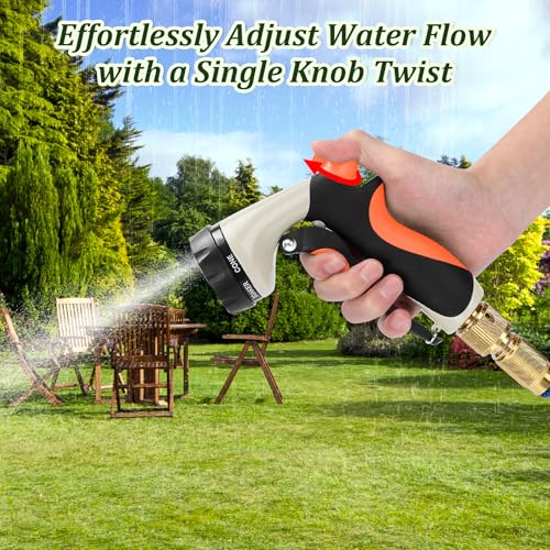 Garden Hose Nozzle, Heavy Duty Metal Water Nozzle with 8 Adjustable Spray Patterns, High Pressure Ergonomic Flow Control for Watering Plants, Lawns, Washing Cars, Pets, Black with Orange