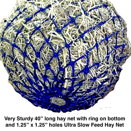 Majestic Ally 1.25”x1.25” Holes Ultra Slow Feed 40” Very Sturdy Hay Net with Bottom Ring for Goat, Sheep, Simulate Grazing and Reduces Waste (Royal Blue) - color: Royal Blue