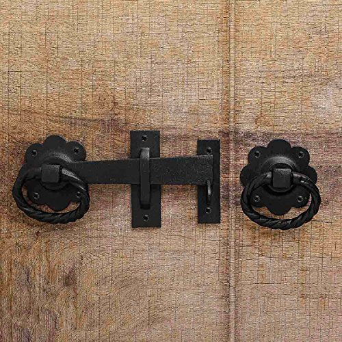 Renovators Supply Manufacturing Black Wrought Iron Floral Ring Gate Latch 6 in Fence Barn Door Lock with Hardware - color: Wrought Iron 2 Floral, size: Pack of 1