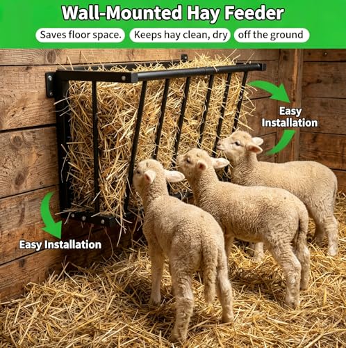 Wall Mount Hay Rack for Goats, Sheep, Horses – Heavy Duty 16 Gallon Livestock Hay Feeder, Hanging Blanket Holder with Rust Resistant Coating, Space Saving Farm Goat Feeder for Indoor, Outdoor Use - size: 16 Gallon