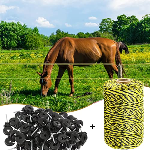 330 Feet Electric Fence Polywire & 30 Pcs Electric Fence Insulator, 1/8" Diameter Portable Electric Fencing Poly Wire Rope Line 6 Steel Strands for Reliable Conductivity & Rust Resistance - size: 330 Ft + 30 Pcs Insulators