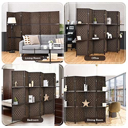 Giantex 6Ft 6 Panel Room Divider with Shelves, Freestanding Hand-Woven Rattan Folding Privacy Screens for Room Separation, Wooden Partition Room Divider Wall for Home Office Studio Separator - color: Brown