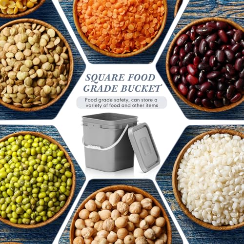 Mumufy 5 Pcs 3.5 Gallon Square Food Grade Bucket with Lid Square Bucket Pail Plastic Handles for Long Term Food Storage, Camping, Fishing, Home Organization Easy Stack and Store (Gray) - color: Gray