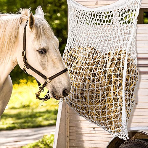 Riakrum 4 PCS Slow Feed Hay Net for Horses, 35 x 31 Inch Large Capacity Hay Bags for Horses Goats Sheep Donkey Trailer Full Day Feeding, Easy to Fill and Hang, White Stall Feeder