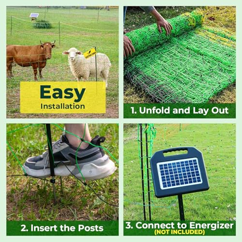 Electric Fence Netting, 164'L x 49.6" H, for Livestock, Goat, Cattle, Sheep | Portable Electric Fence, PE Net Fencing Kit for Backyards, Ranches, Farms, Patio, Goat Fencing with 14 Posts Double Spiked