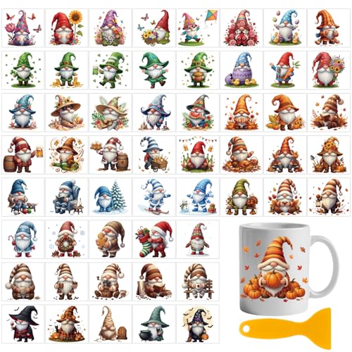 GLOBLELAND 56 Sheets Seasonal Gnomes Transfer Sticker for Craft 3.9x3.6 inch Dwarf Rub on Transfer Decal Stickers for Holiday Crafts Bottle Glass Vase Decor - color: Multicolor