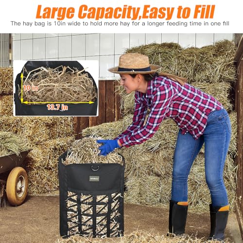Dual Purpose Feed Horse Hay Bags, 2 Pack Large Black Oxford Fabric | Two-Sided Ultra-Slow Feed Oxford Hay Bags for Horses with Large Opening, Hook-and-Loop Top Closure & Adjustable Hanging Strap - size: Large 2 Pack