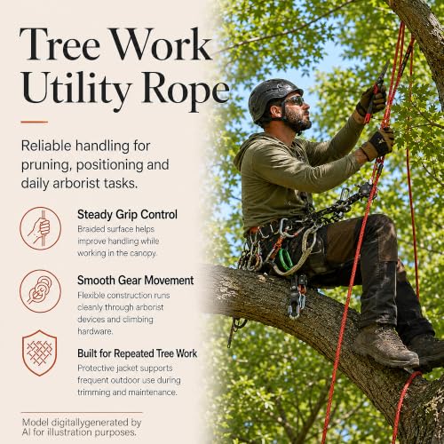 Braided Polyester Arborist Rope (3/8 inch X 100 feet) High Strength Bull Rope for Tree Work Truck Securing Camping Swing, Red - color: Red