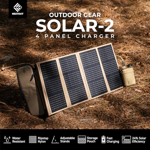 NESTOUT Portable Solar Panel, USB-C and USB-A Ports, 28W Solar Charger for Camping, Water Repellent Ripstop Nylon, Foldable Compact Design, Digital Ammeter, Adjustable Stand, Beige (4 Panel) - color: Beige 4-Panel (Upgraded)