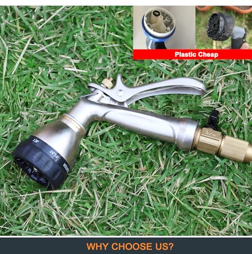 Heavy Duty Metal Garden Hose Nozzle, 7 Patterns, Rear Trigger | High pressure metal sprayer for garden, car wash, pet shower. Leak-proof, rustproof, ergonomic grip
