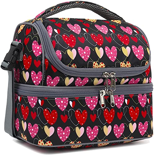 FlowFly Double Decker Cooler Insulated Lunch Bag Large Tote for Boys, Girls, Men, Women, With Adjustable Strap,Heart - color: Heart