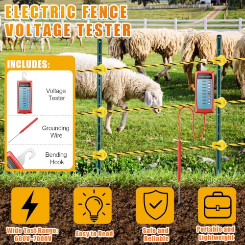 Zonon 24 Pcs Electric Fence Kit Include 656 ft Electric Fence Polywire and Fences Voltage Tester and T-Post Insulatorand 4ft Ground Rod with Attached Wire Clamp for Electrical Fences Farms