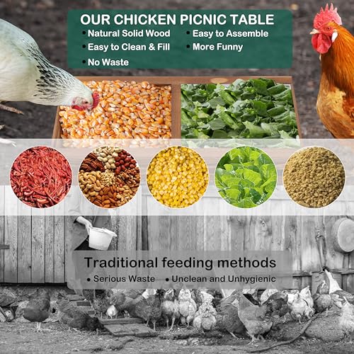 Boulphia Chicken Feeders and Waterers, Chicken Feeder No Waste Kit with Picnic Table and 2 Water Feeder, Handmade Wooden Chicken Supplies & Accessories for Chicken Coop - color: Carbonized Solid Wood
